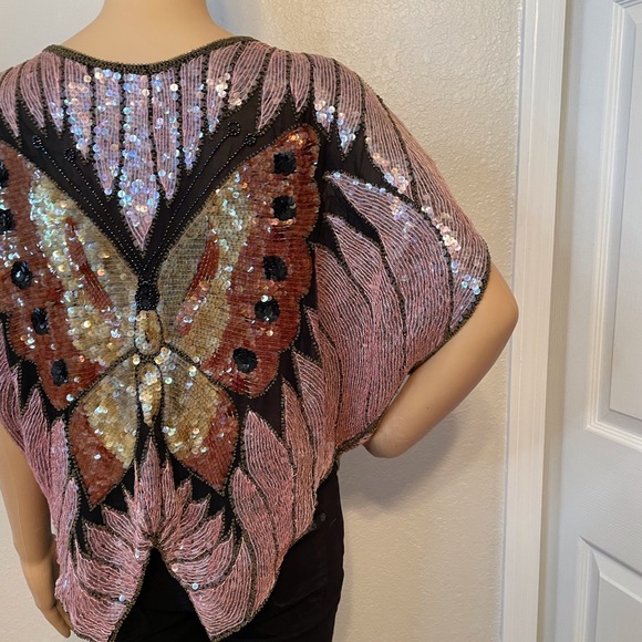80’s Joan Crawford glamorous vintage handmade sequin beaded butterfly v-n tunic! - Picture 11 of 13